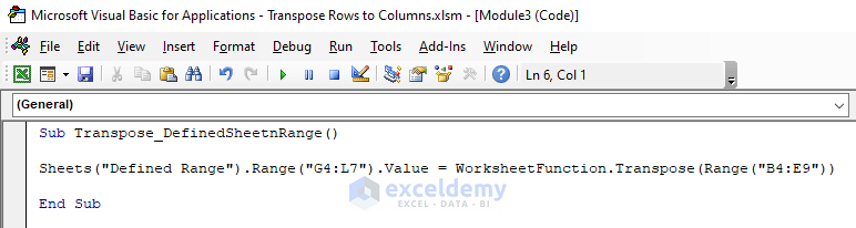 Transpose Rows to Columns with Defined Sheet and Range Using VBA