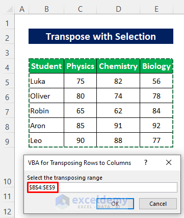 Transpose Rows to Columns By Selecting Range After Running the Macro
