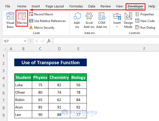 Use Transpose Function in Excel VBA to Transpose Rows to Columns