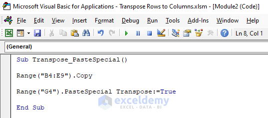 Use Paste Special in Excel VBA to Transpose Rows to Columns