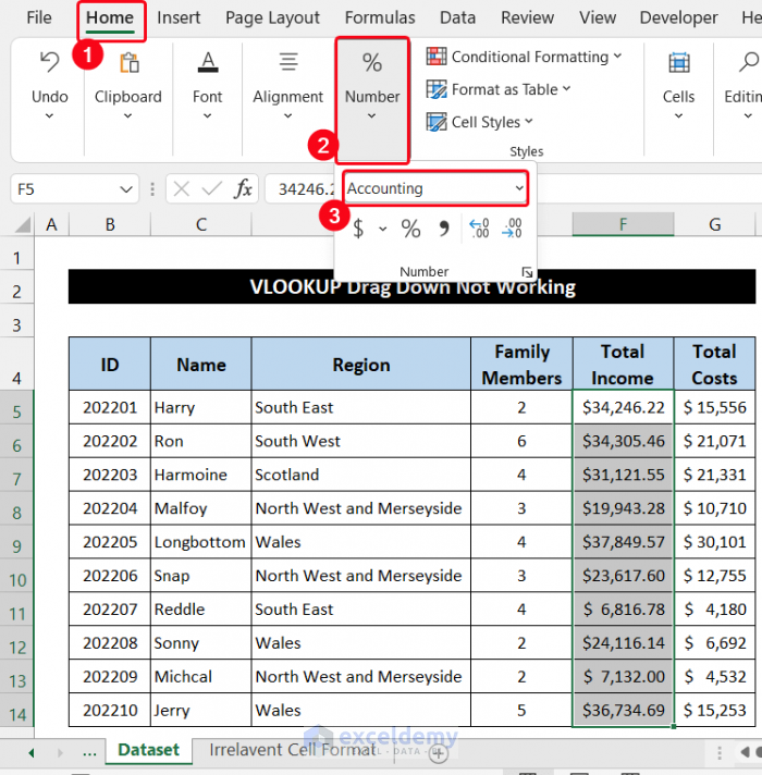 Set Relevant Cell Format with Main Dataset to fix VLOOKUP Drag Down