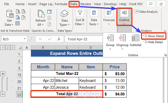 Expand Rows with Entire Outline in Excel