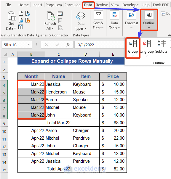 Use Group Feature to Expand or Collapse Rows Manually