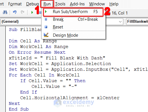 Use a VBA Code to  Fill Blank Cells with Dashes