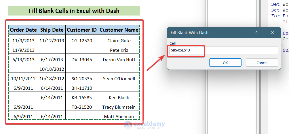 Use a VBA Code to  Fill Blank Cells with Dashes