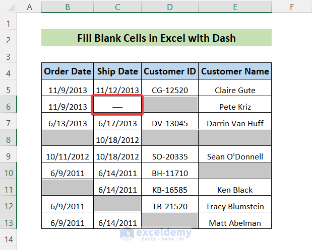 Fill Blank Cells in Excel with Dash