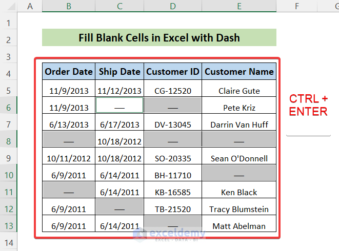 Fill Blank Cells in Excel with Dash