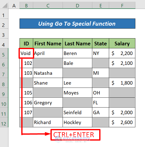 Fill Blank Cells With Text in Excel Using Go To Special Function