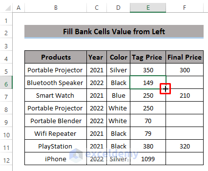 Fill Blank Cells with Value from Left Using Fill Handle in Excel