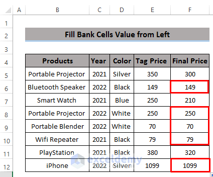 Fill Blank Cells in Excel with Value from Left