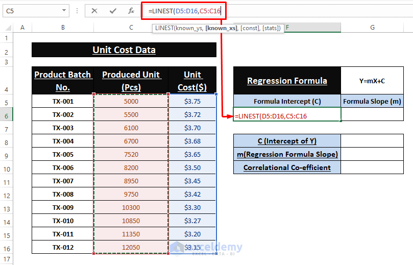 LINEST Formula-Do Simple Linear Regression in Excel