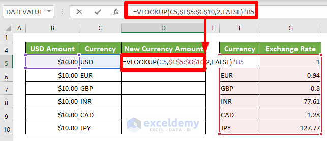 Use the VLOOKUP Function to Convert Currency