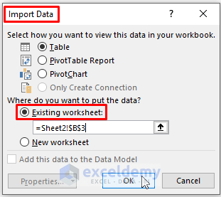 Import data dialog box