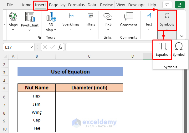 Inserting Excel Equation to Add a Stacked Fraction