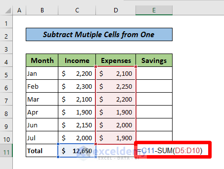 Add Multiple Cells and Subtract from One Cell in Excel