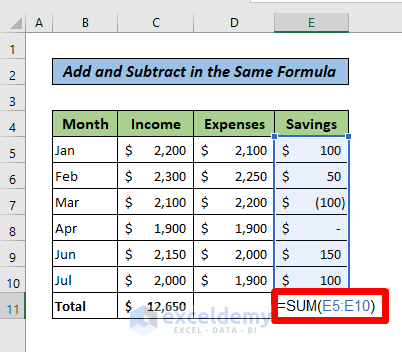 Add and Subtract in One Column with the SUM Function