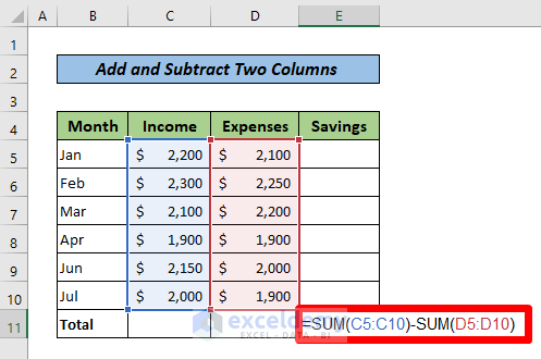 Add and Subtract Two Columns in One Formula Using Excel SUM Function