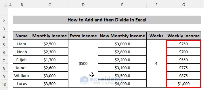 Add and Then Divide in Excel