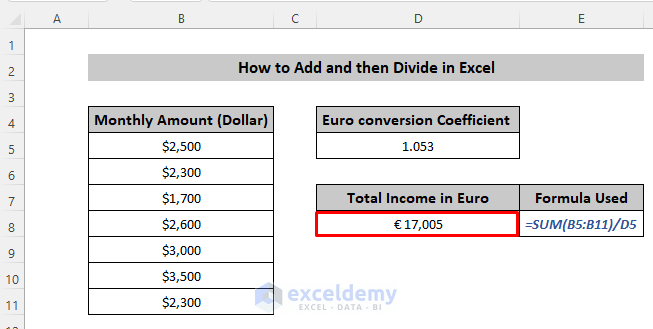 Add and Then Divide in Excel 