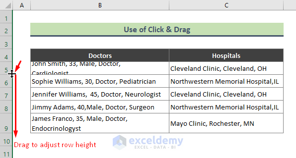 Adjust Excel Row Height Using Click and Drag to Fit Text