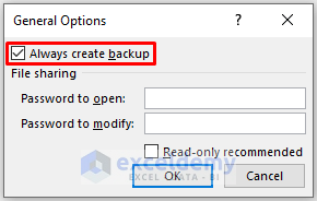 Apply Always Create Backup Option to Backup Excel Files