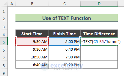 Excel TEXT Function to Get Difference Between Two Time Values