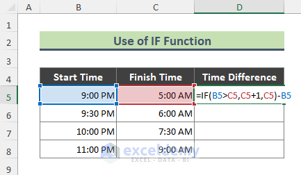 Calculate Difference Between Two Times Using IF function
