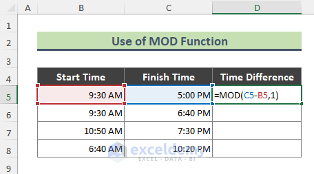 Excel MOD Function to Find Difference Between Two Specific Times