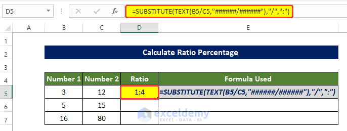 Utilizing SUBSTITUTE and TEXT Functions to Calculate Ratio Percentage in Excel 