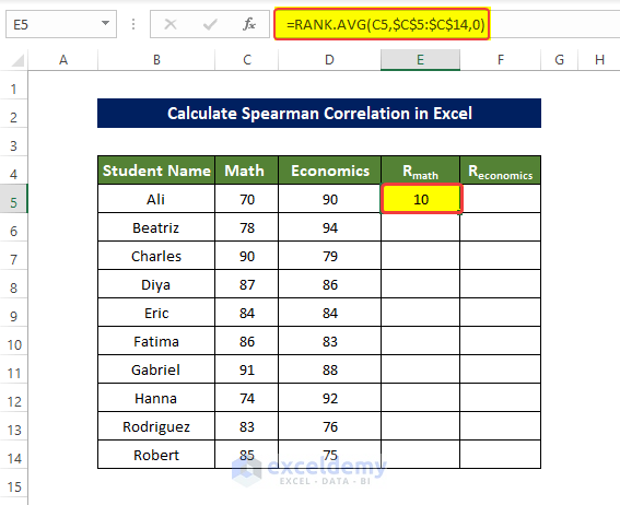 Calculate Spearman Correlation in Excel using Traditional Equation
