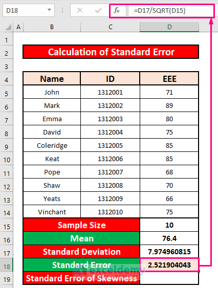 Calculate Standard Error in Excel