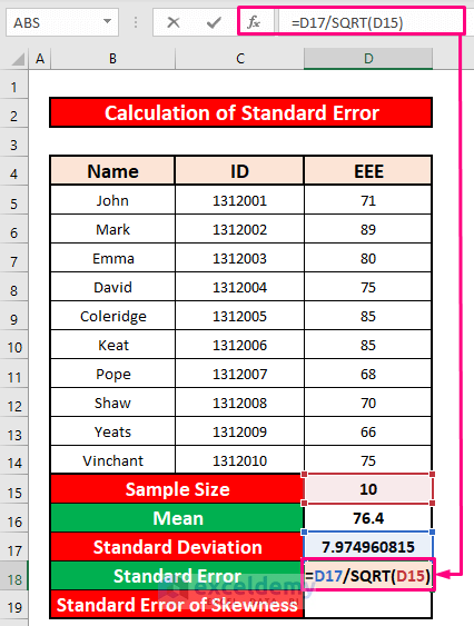Calculate Standard Error in Excel