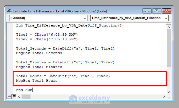 VBA Code to Calculate the Time Difference in Excel VBA