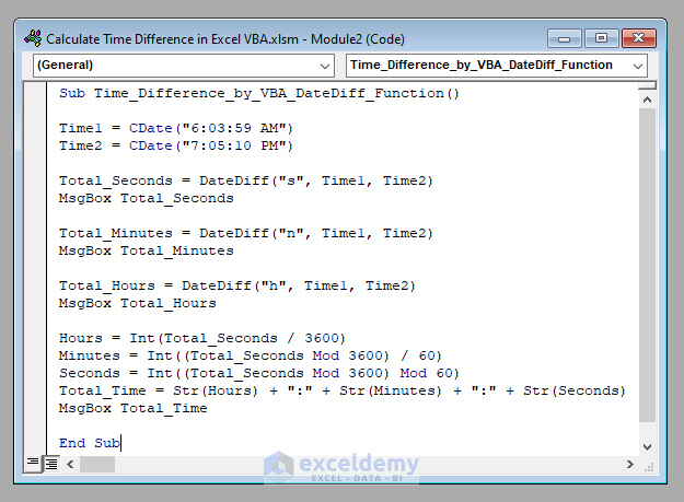 VBA Code to Calculate the Time Difference in Excel VBA