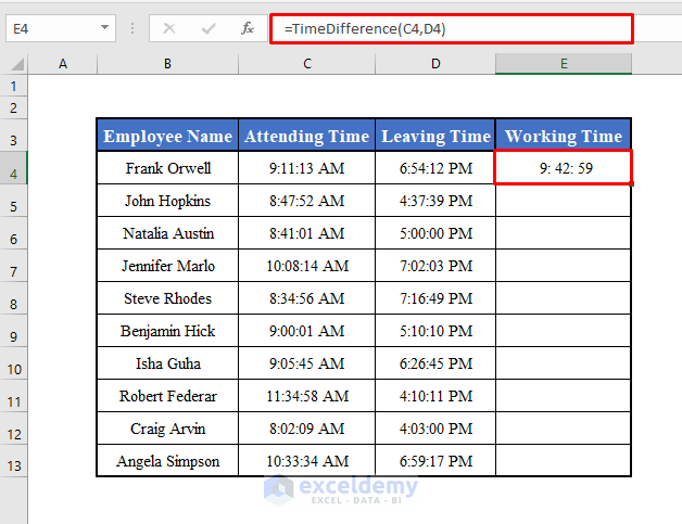 Entering Function to Calculate the Time Difference in Excel VBA