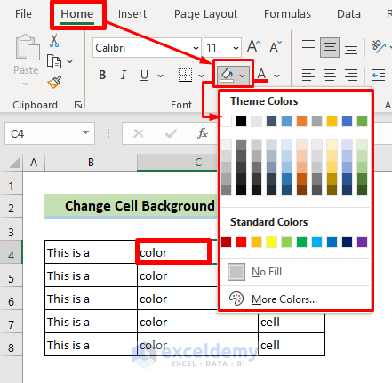 Use the Fill Color Icon to Change Background Color in Excel