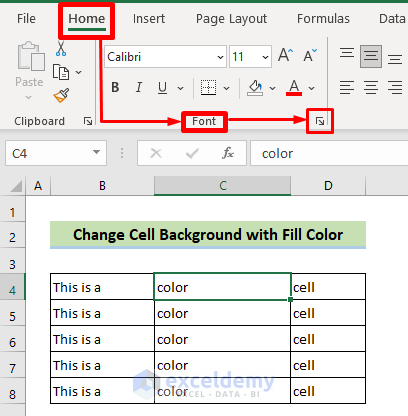 Use the Font Settings Icon to Change Background Color in Excel