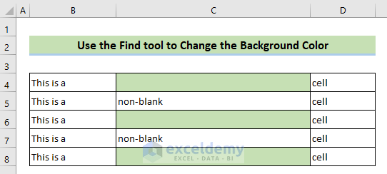 Changed Background Color Using the Find tool in Excel