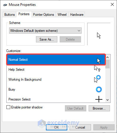 Changing Mouse Pointer Setting to Change Cursor from Plus to Arrow in Excel 