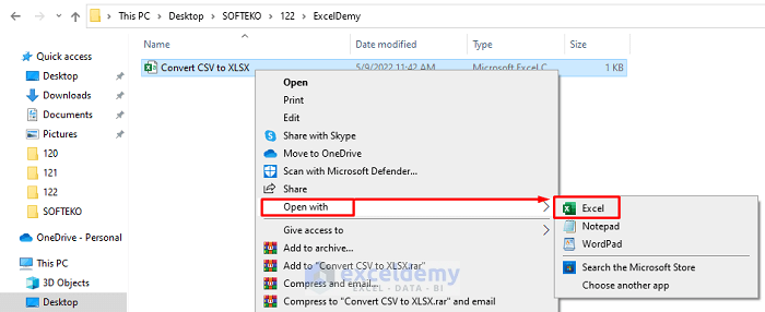 Use Open with from File Explorer to Convert CSV to XLSX