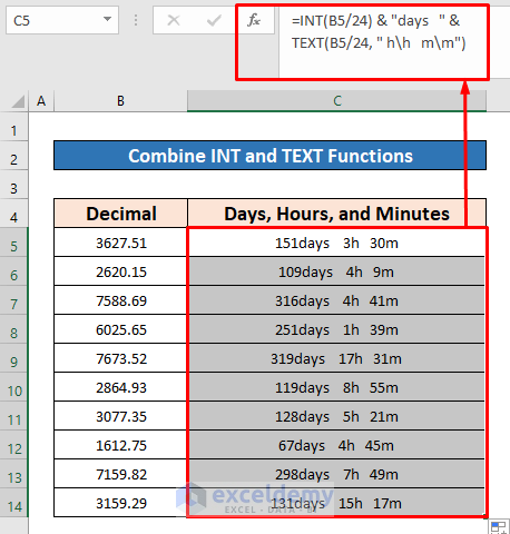 Combine INT and TEXT Functions to Convert Decimal to Days Hours and Minutes in Excel