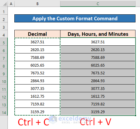 Apply Custom Format to Convert Decimal to Days Hours and Minutes in Excel