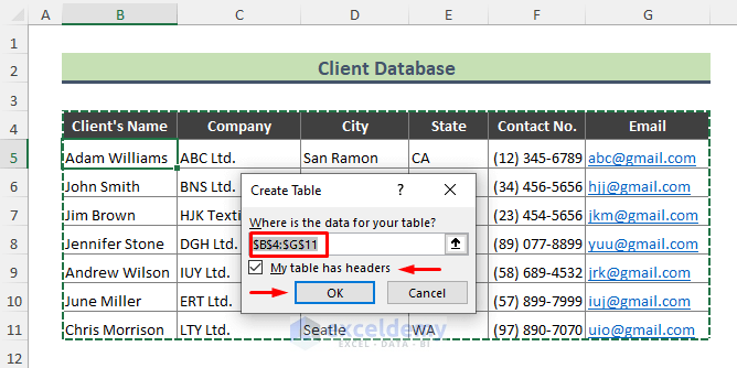 Create a Table from the Entered Client Data