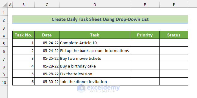Daily Task Sheet Columns