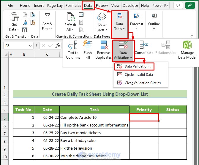 Create a Daily Task Sheet with Drop-Down List