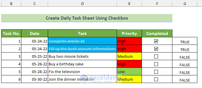 Create a Daily Task Sheet in Excel Using Checkbox