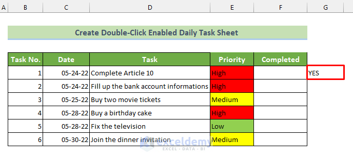 Prepare a Double-Click-Enabled Daily Task Sheet