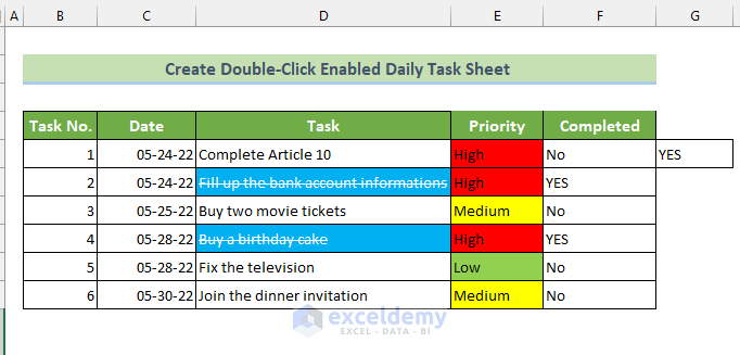 Create a Daily Task Sheet in Excel with Double-Click