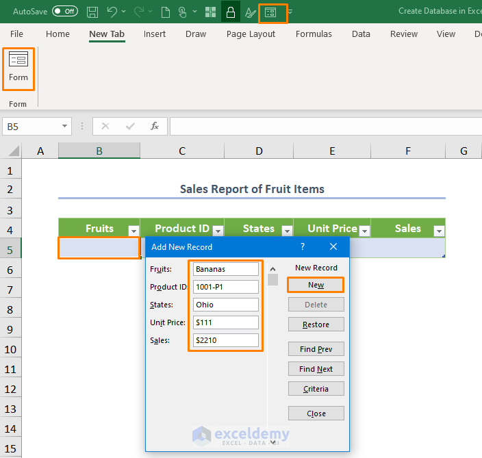 How to Create a Database in Excel with Form Adding a New Record