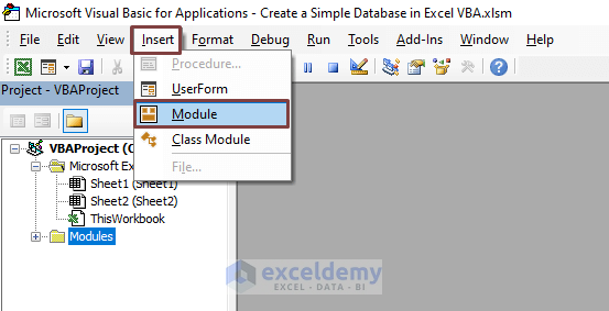 Inserting Module to Create a Simple Database in Excel VBA